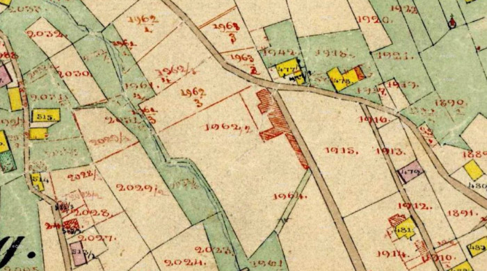 Situace na tzv. originální mapě stabilního katastru z roku 1843 se zákresem změn do roku 1873